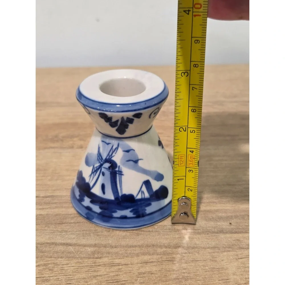 Vintage Delft Blue Holland Windmill Hand Painted Ceramic Taper Candle Holder 3''